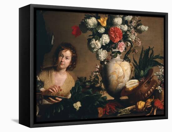 A Still Life of Flowers, Fruit, Vegetables and Seafood on a Ledge-Bernardo Strozzi-Framed Premier Image Canvas