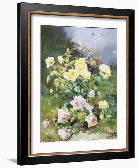 A Still Life of Pink and Yellow Roses-Alexandre Debrus-Framed Giclee Print