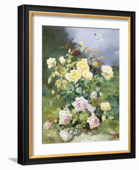 A Still Life of Pink and Yellow Roses-Alexandre Debrus-Framed Giclee Print