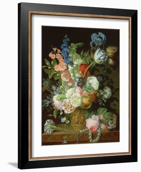 A Still Life of Roses, Tulips, Carnations, Stocks and Other Flowers in a Decorative Urn, Resting On-Jean-Louis Prevost-Framed Giclee Print