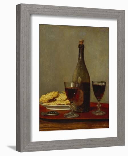 A Still Life of Two Glasses of Red Wine, a Bottle of Wine, a Corkscrew and a Plate of Biscuits on…-Albert Anker-Framed Giclee Print