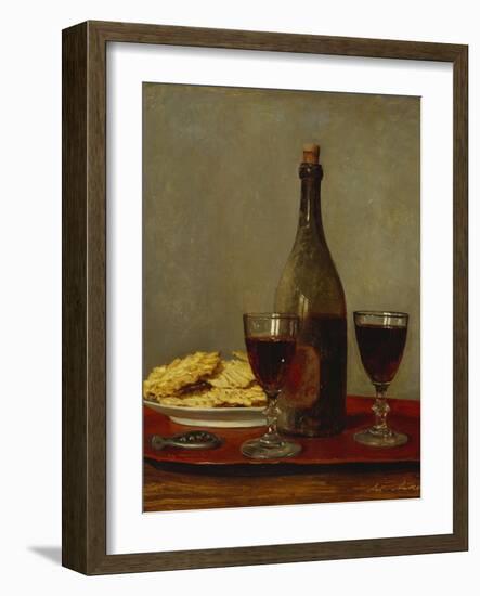 A Still Life of Two Glasses of Red Wine, a Bottle of Wine, a Corkscrew and a Plate of Biscuits on…-Albert Anker-Framed Giclee Print