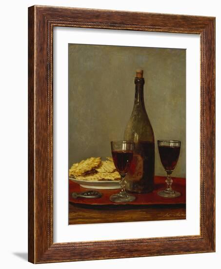 A Still Life of Two Glasses of Red Wine, a Bottle of Wine, a Corkscrew and a Plate of Biscuits on…-Albert Anker-Framed Giclee Print