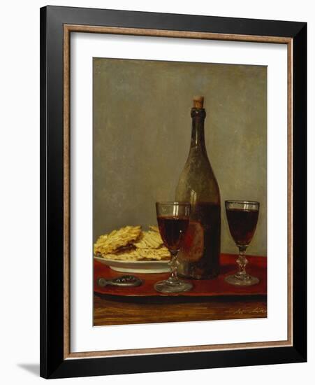 A Still Life of Two Glasses of Red Wine, a Bottle of Wine, a Corkscrew and a Plate of Biscuits on…-Albert Anker-Framed Giclee Print