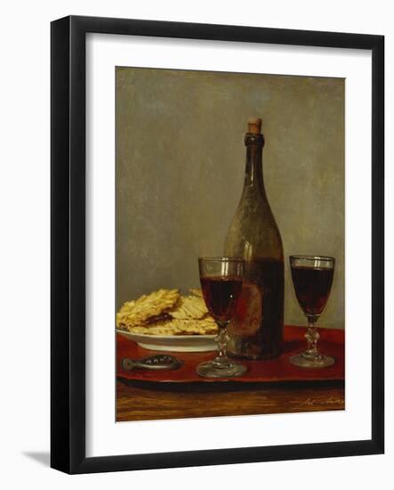 A Still Life of Two Glasses of Red Wine, a Bottle of Wine, a Corkscrew and a Plate of Biscuits on…-Albert Anker-Framed Giclee Print