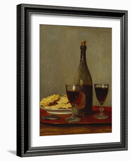 A Still Life of Two Glasses of Red Wine, a Bottle of Wine, a Corkscrew and a Plate of Biscuits on…-Albert Anker-Framed Giclee Print