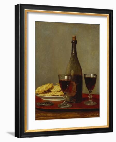 A Still Life of Two Glasses of Red Wine, a Bottle of Wine, a Corkscrew and a Plate of Biscuits on…-Albert Anker-Framed Giclee Print