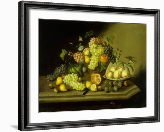 A Still Life with a Basket of Grapes and Mixed Fruit on a Stone Ledge-Johann Georg Seitz-Framed Giclee Print