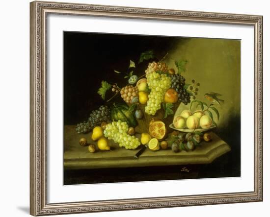 A Still Life with a Basket of Grapes and Mixed Fruit on a Stone Ledge-Johann Georg Seitz-Framed Giclee Print