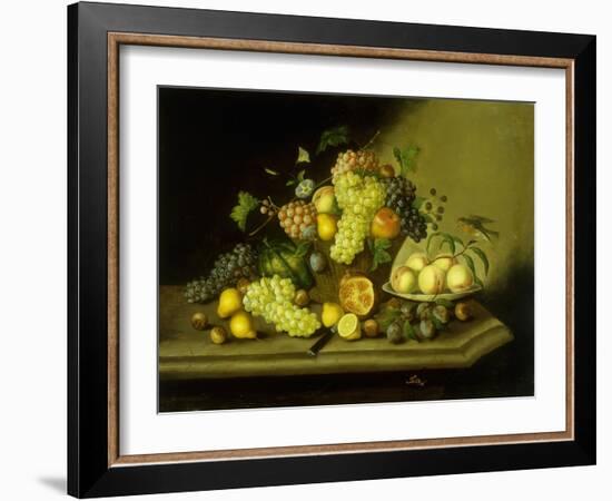 A Still Life with a Basket of Grapes and Mixed Fruit on a Stone Ledge-Johann Georg Seitz-Framed Giclee Print