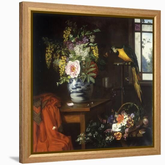 A Still Life with a Blue and White Porcelain Vase of Assorted Flowers-Olaf August Hermansen-Framed Premier Image Canvas