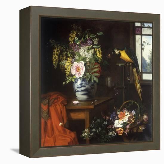 A Still Life with a Blue and White Porcelain Vase of Assorted Flowers-Olaf August Hermansen-Framed Premier Image Canvas