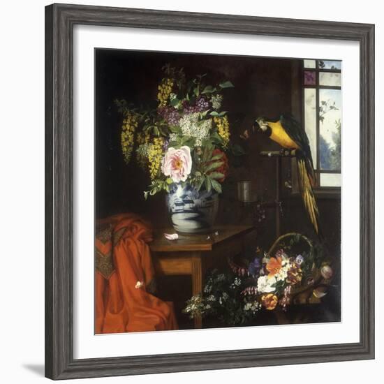 A Still Life with a Blue and White Porcelain Vase of Assorted Flowers-Olaf August Hermansen-Framed Giclee Print