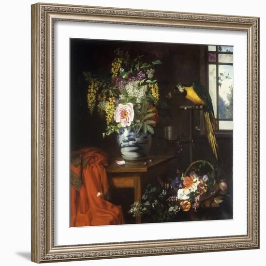 A Still Life with a Blue and White Porcelain Vase of Assorted Flowers-Olaf August Hermansen-Framed Giclee Print