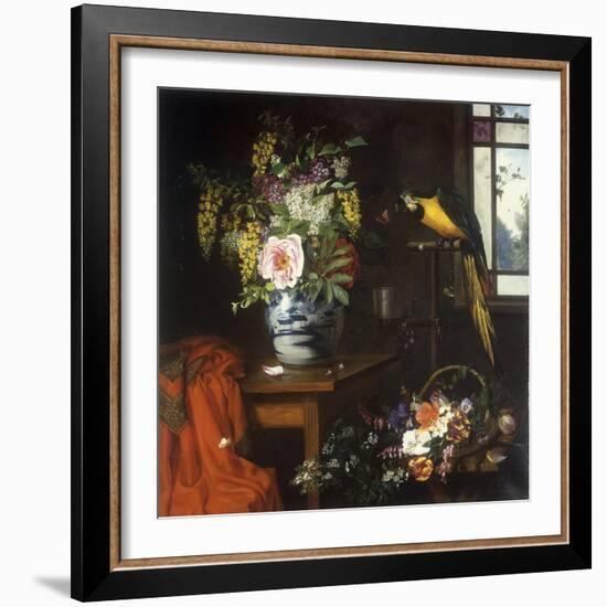 A Still Life with a Blue and White Porcelain Vase of Assorted Flowers-Olaf August Hermansen-Framed Giclee Print