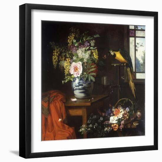 A Still Life with a Blue and White Porcelain Vase of Assorted Flowers-Olaf August Hermansen-Framed Giclee Print