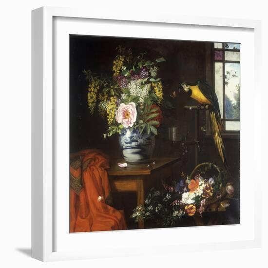 A Still Life with a Blue and White Porcelain Vase of Assorted Flowers-Olaf August Hermansen-Framed Giclee Print