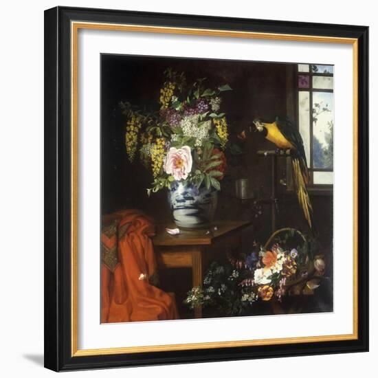 A Still Life with a Blue and White Porcelain Vase of Assorted Flowers-Olaf August Hermansen-Framed Giclee Print