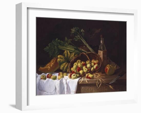 A Still Life with a Bottle of Wine, Rhubarb and an Upturned Basket of Apples on a Table-Sir William Beechey-Framed Giclee Print