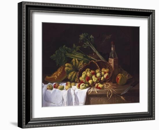 A Still Life with a Bottle of Wine, Rhubarb and an Upturned Basket of Apples on a Table-Sir William Beechey-Framed Giclee Print