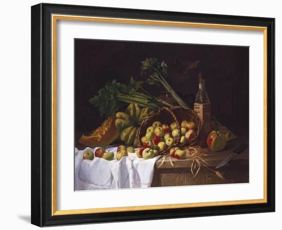 A Still Life with a Bottle of Wine, Rhubarb and an Upturned Basket of Apples on a Table-Sir William Beechey-Framed Giclee Print