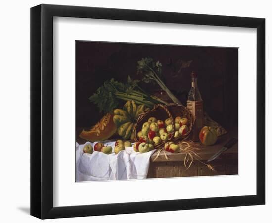 A Still Life with a Bottle of Wine, Rhubarb and an Upturned Basket of Apples on a Table-Sir William Beechey-Framed Premium Giclee Print