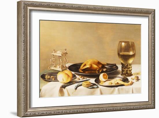 A Still Life with a Roemer, a Salt Cellar, a Plucked Chicken and a Peeled Lemon on Pewter Plates,…-Pieter Claesz-Framed Giclee Print