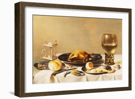 A Still Life with a Roemer, a Salt Cellar, a Plucked Chicken and a Peeled Lemon on Pewter Plates,…-Pieter Claesz-Framed Giclee Print