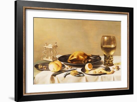 A Still Life with a Roemer, a Salt Cellar, a Plucked Chicken and a Peeled Lemon on Pewter Plates,…-Pieter Claesz-Framed Giclee Print