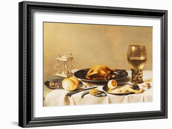 A Still Life with a Roemer, a Salt Cellar, a Plucked Chicken and a Peeled Lemon on Pewter Plates,…-Pieter Claesz-Framed Giclee Print