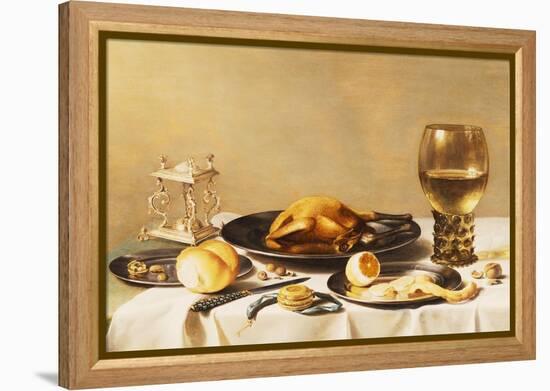 A Still Life with a Roemer, a Salt Cellar, a Plucked Chicken and a Peeled Lemon on Pewter Plates,…-Pieter Claesz-Framed Premier Image Canvas