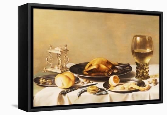 A Still Life with a Roemer, a Salt Cellar, a Plucked Chicken and a Peeled Lemon on Pewter Plates,…-Pieter Claesz-Framed Premier Image Canvas