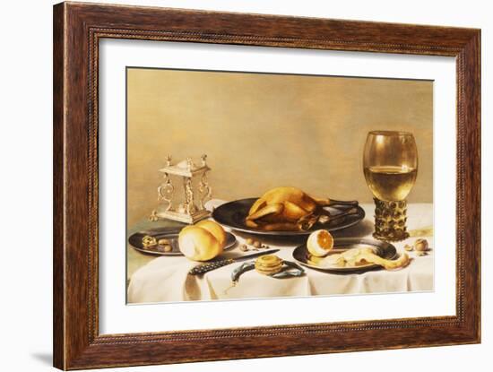 A Still Life with a Roemer, a Salt Cellar, a Plucked Chicken and a Peeled Lemon on Pewter Plates,…-Pieter Claesz-Framed Giclee Print