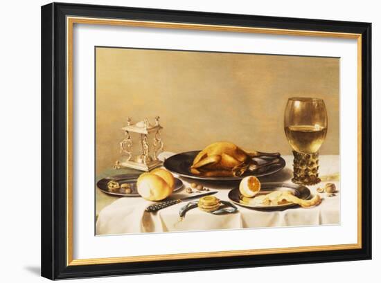 A Still Life with a Roemer, a Salt Cellar, a Plucked Chicken and a Peeled Lemon on Pewter Plates,…-Pieter Claesz-Framed Giclee Print