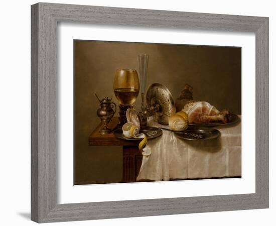 A Still Life with a Roemer, an Overturned Silver Tazza, a Flute, a Bread Roll and Ham on a Table, 1-Willem Claesz Heda-Framed Giclee Print