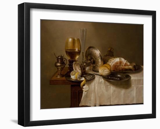 A Still Life with a Roemer, an Overturned Silver Tazza, a Flute, a Bread Roll and Ham on a Table, 1-Willem Claesz Heda-Framed Giclee Print