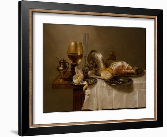 A Still Life with a Roemer, an Overturned Silver Tazza, a Flute, a Bread Roll and Ham on a Table, 1-Willem Claesz Heda-Framed Giclee Print