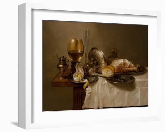 A Still Life with a Roemer, an Overturned Silver Tazza, a Flute, a Bread Roll and Ham on a Table, 1-Willem Claesz Heda-Framed Giclee Print