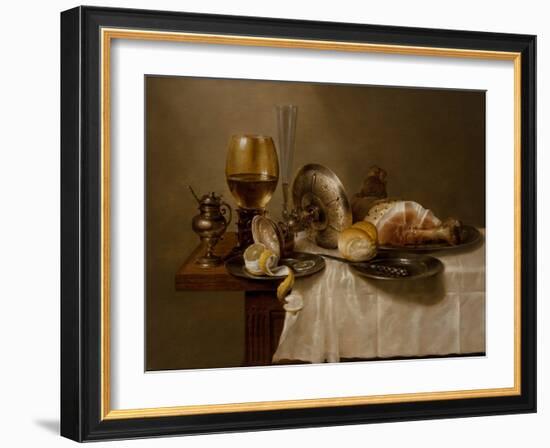 A Still Life with a Roemer, an Overturned Silver Tazza, a Flute, a Bread Roll and Ham on a Table, 1-Willem Claesz Heda-Framed Giclee Print