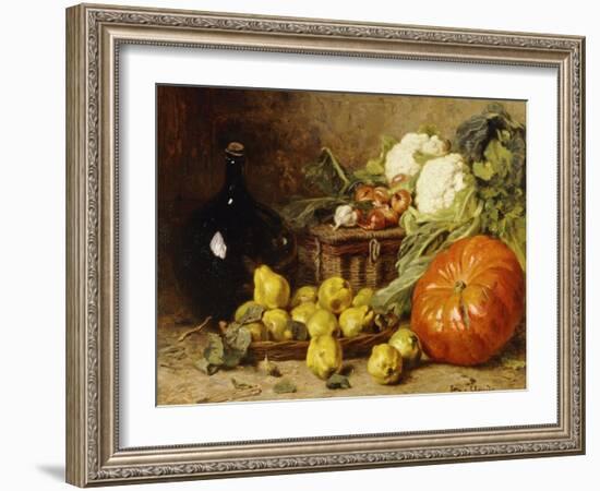 A Still Life with a Wine Flagon, a Basket, Pears, Onions, Cauliflowers, Cabbages, Garlic and a…-Eugene Claude-Framed Giclee Print