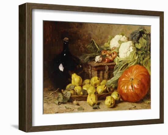 A Still Life with a Wine Flagon, a Basket, Pears, Onions, Cauliflowers, Cabbages, Garlic and a…-Eugene Claude-Framed Giclee Print