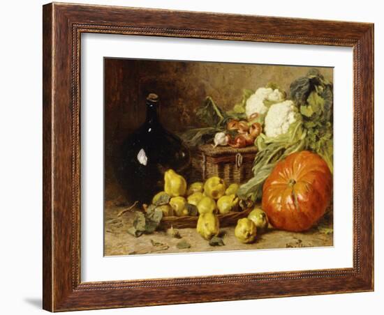 A Still Life with a Wine Flagon, a Basket, Pears, Onions, Cauliflowers, Cabbages, Garlic and a…-Eugene Claude-Framed Giclee Print