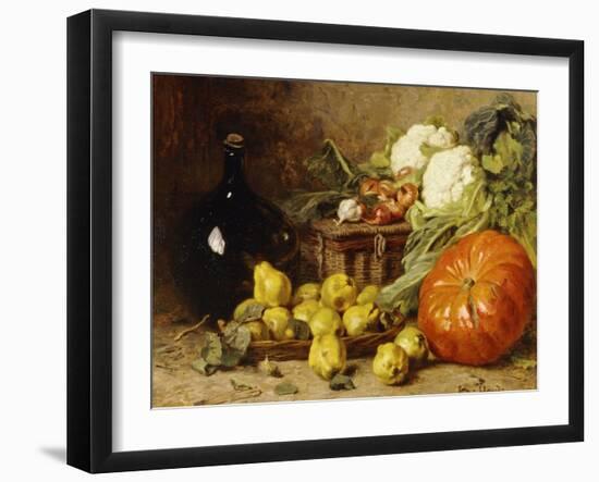 A Still Life with a Wine Flagon, a Basket, Pears, Onions, Cauliflowers, Cabbages, Garlic and a…-Eugene Claude-Framed Giclee Print