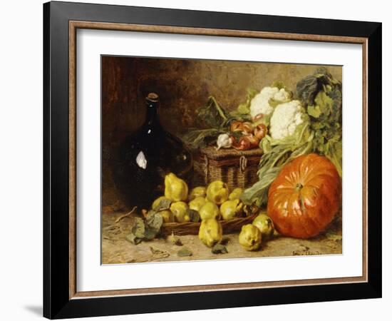 A Still Life with a Wine Flagon, a Basket, Pears, Onions, Cauliflowers, Cabbages, Garlic and a…-Eugene Claude-Framed Giclee Print