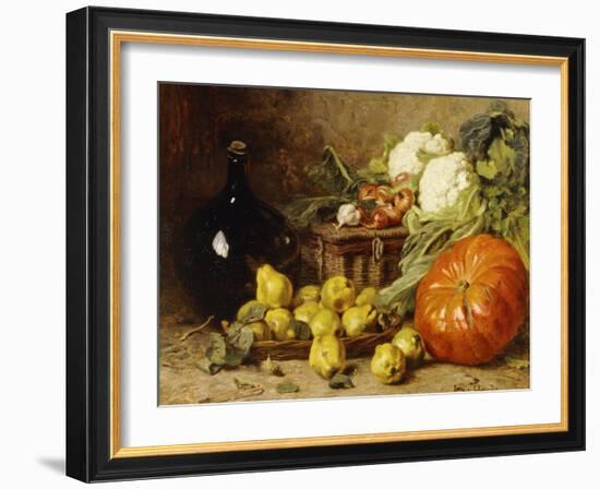 A Still Life with a Wine Flagon, a Basket, Pears, Onions, Cauliflowers, Cabbages, Garlic and a…-Eugene Claude-Framed Giclee Print