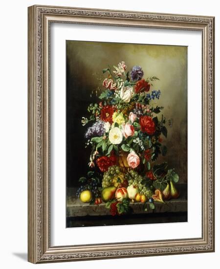 A Still Life with Assorted Flowers, Fruit and Insects on a Ledge-Amalie Kaercher-Framed Giclee Print
