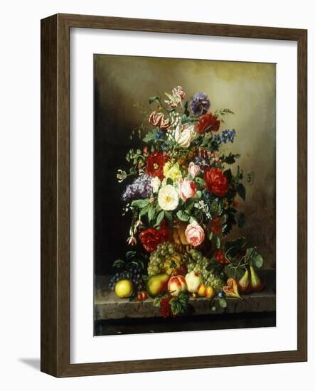 A Still Life with Assorted Flowers, Fruit and Insects on a Ledge-Amalie Kaercher-Framed Giclee Print