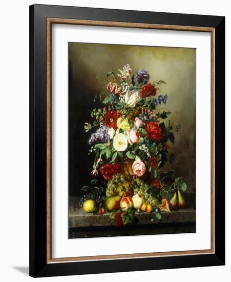 A Still Life with Assorted Flowers, Fruit and Insects on a Ledge-Amalie Kaercher-Framed Giclee Print