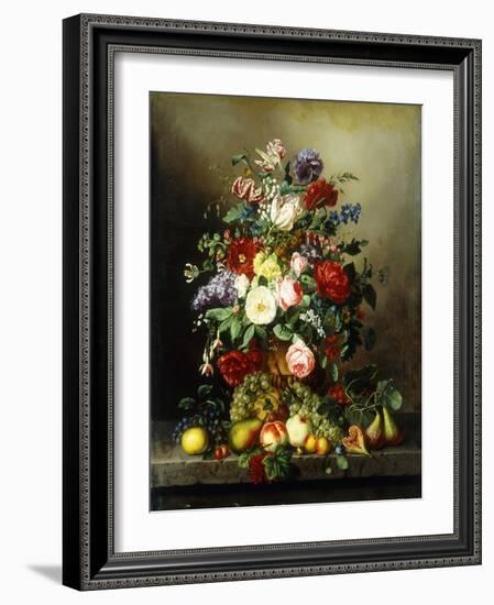 A Still Life with Assorted Flowers, Fruit and Insects on a Ledge-Amalie Kaercher-Framed Giclee Print