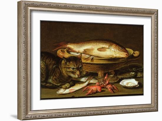 A Still Life with Carp in a Ceramic Colander, Oysters, Crayfish, Roach and a Cat on the Ledge…-Clara Peeters-Framed Premium Giclee Print